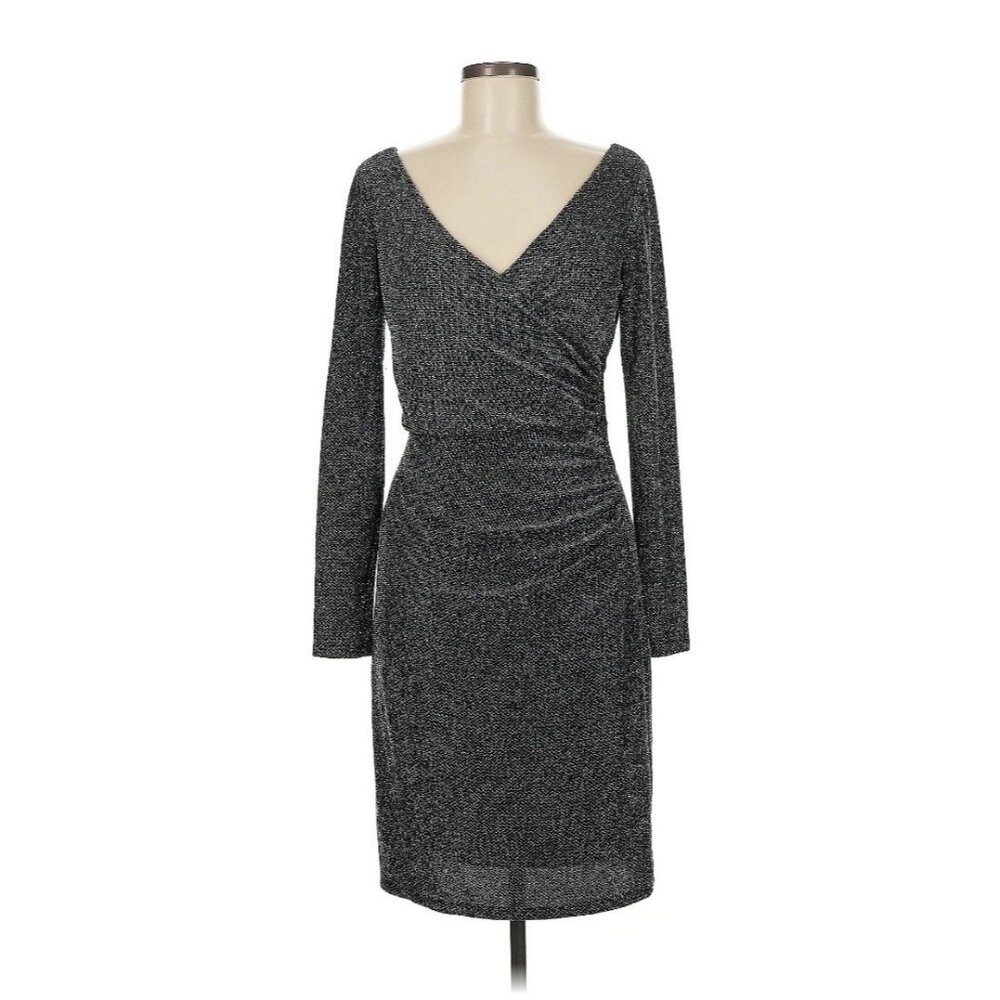 LAUREN Ralph Lauren Long Sleeve Slinky Stretch Sheath Dress 6 Metallic Silver